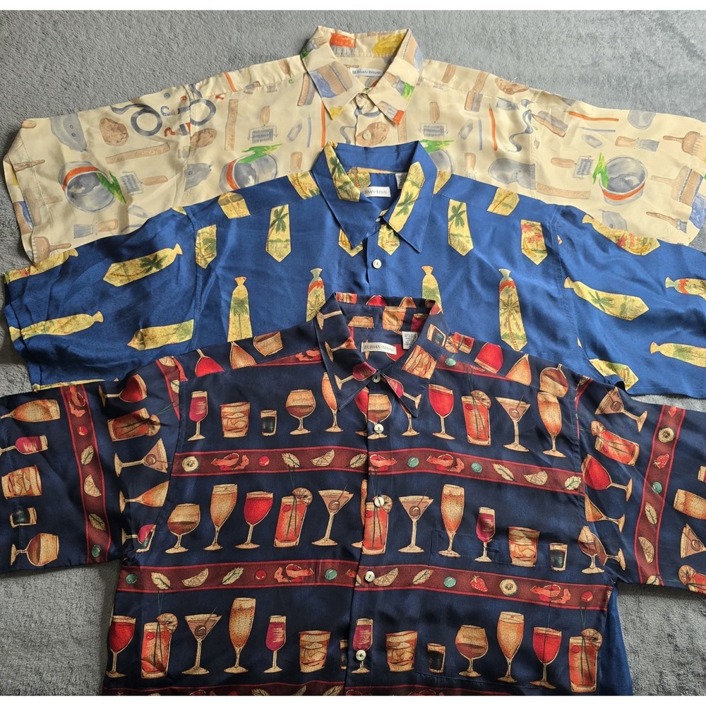 Burma Bibas Mens M Silk Shirt Lot Of 3 Cocktails Hawaiian Ties Paint Brush AOP